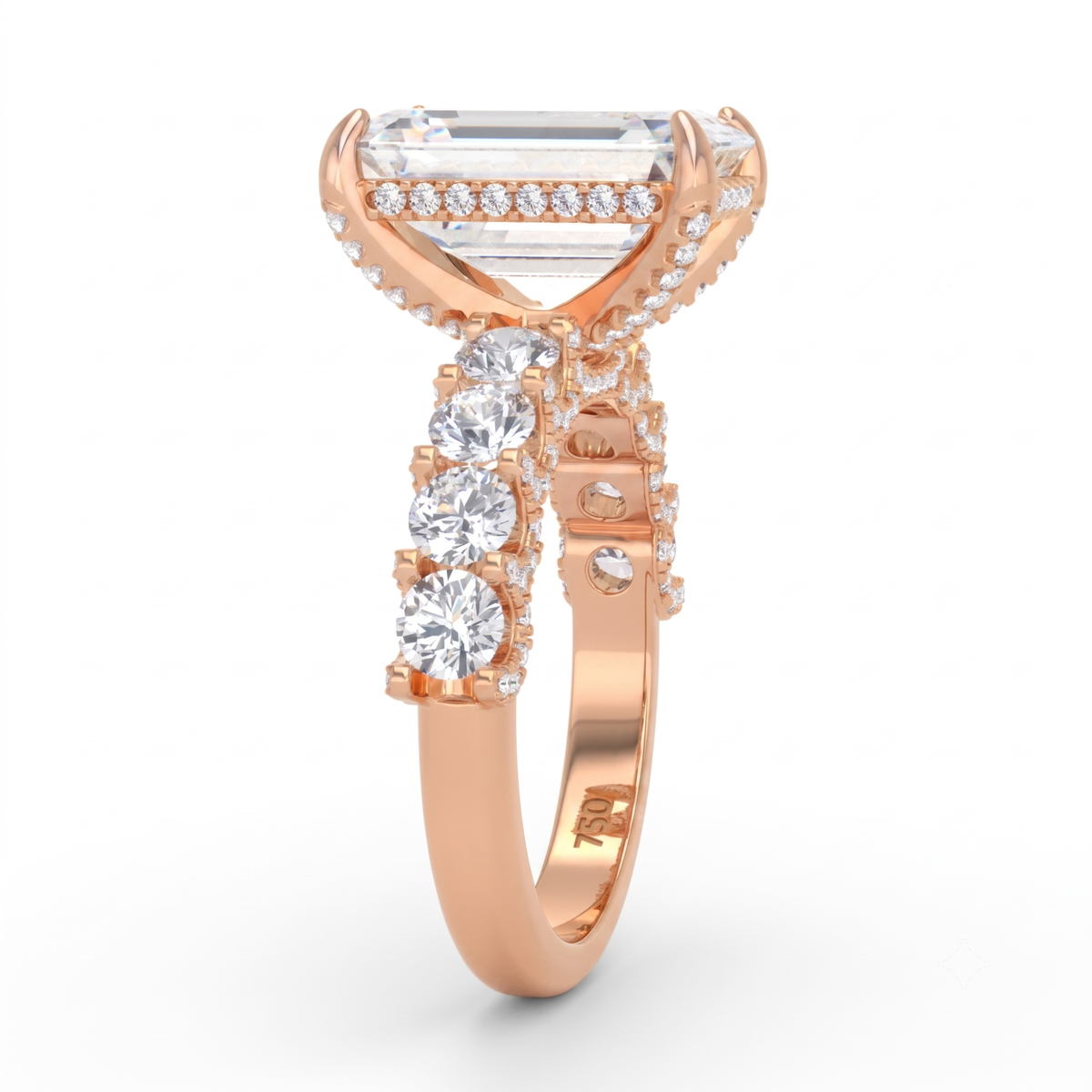 Juliette Emerald Lab-Grown Diamond Engagement Ring featuring a Half-Set Diamond Band, Hidden Halo, and Pavé U-Shaped Prong Setting