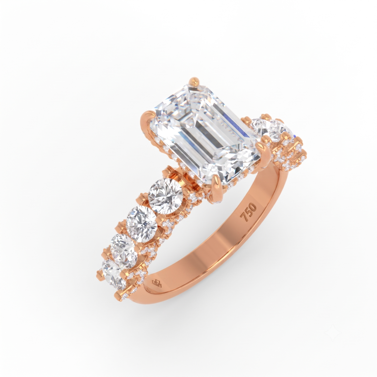 Juliette Emerald Lab-Grown Diamond Engagement Ring featuring a Half-Set Diamond Band, Hidden Halo, and Pavé U-Shaped Prong Setting