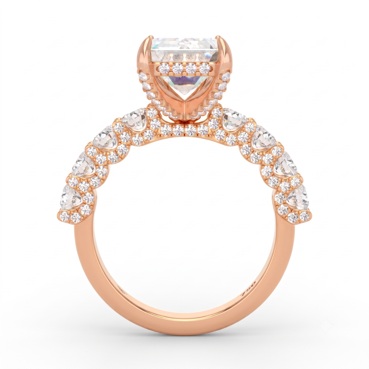 Juliette Emerald Lab-Grown Diamond Engagement Ring featuring a Half-Set Diamond Band, Hidden Halo, and Pavé U-Shaped Prong Setting
