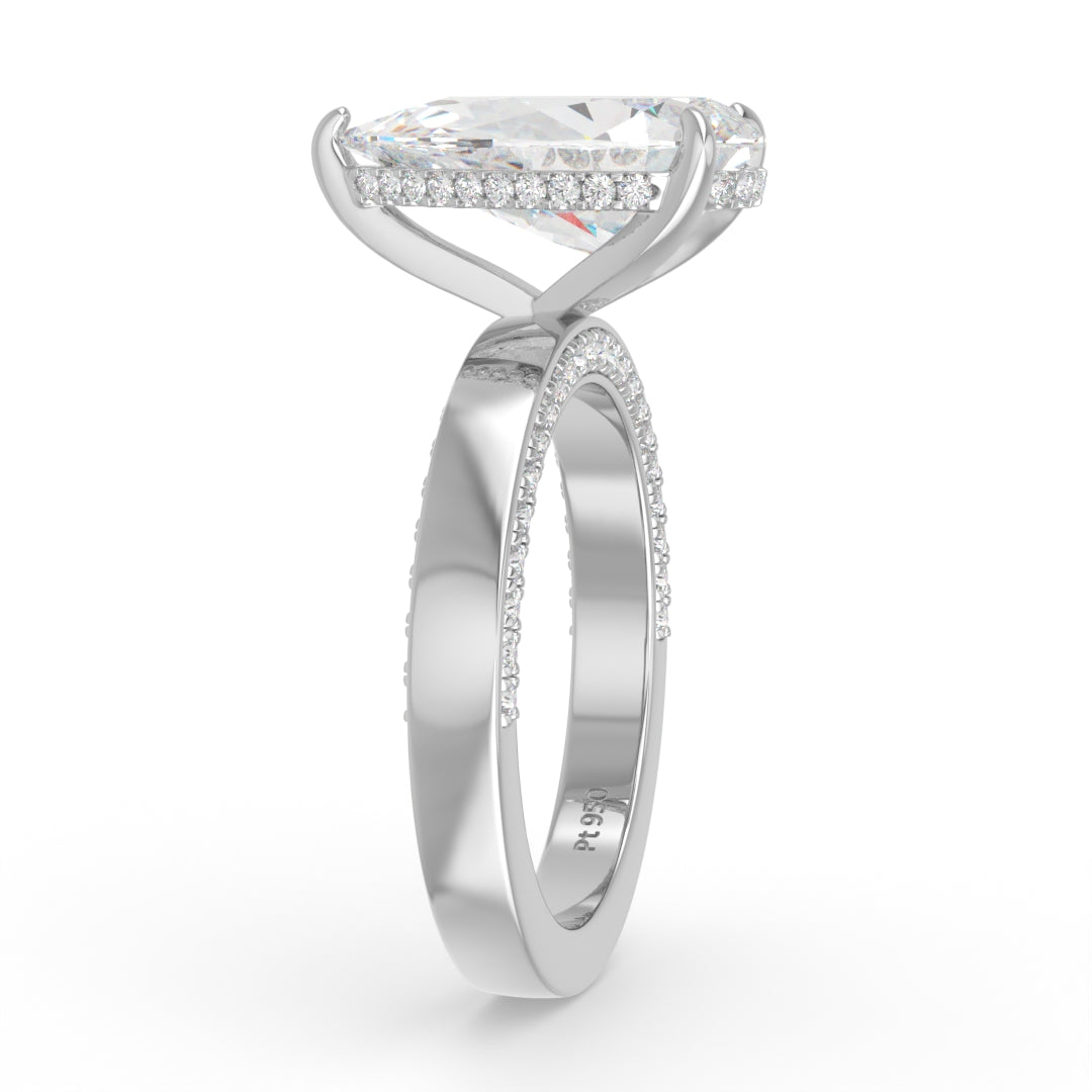 Celeste Pear cut Lab Diamond with Cigar band and half set Diamond sides & hidden halo