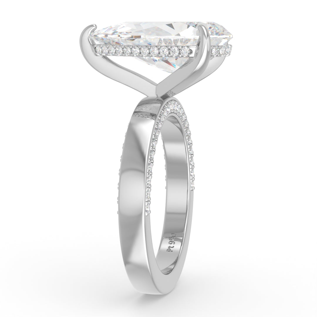 Celeste Pear cut Lab Diamond with Cigar band and half set Diamond sides & hidden halo