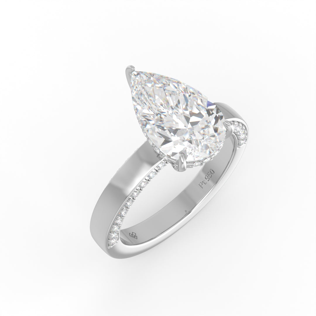 Celeste Pear cut Lab Diamond with Cigar band and half set Diamond sides & hidden halo