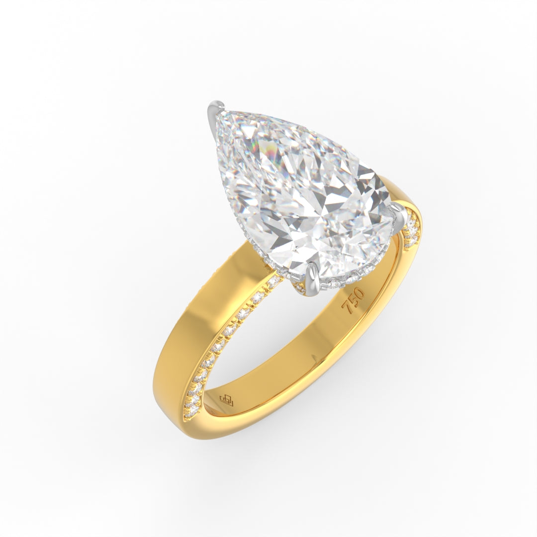 Celeste Pear cut Lab Diamond with Cigar band and half set Diamond sides & hidden halo