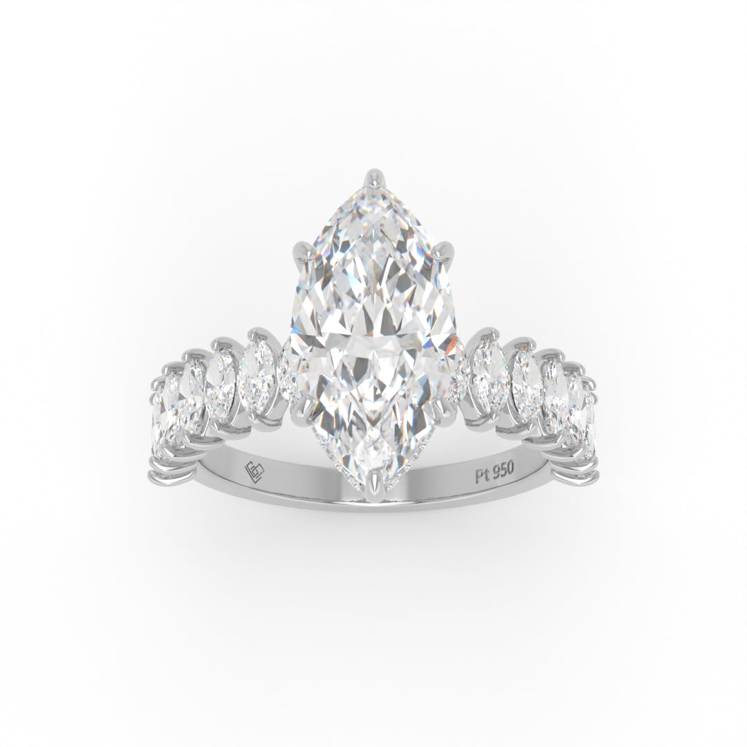 Vivien Marquise Brilliant Cut Engagement Ring with Marquise Brilliant Diamond Band and Wrap Around Hidden Halo
