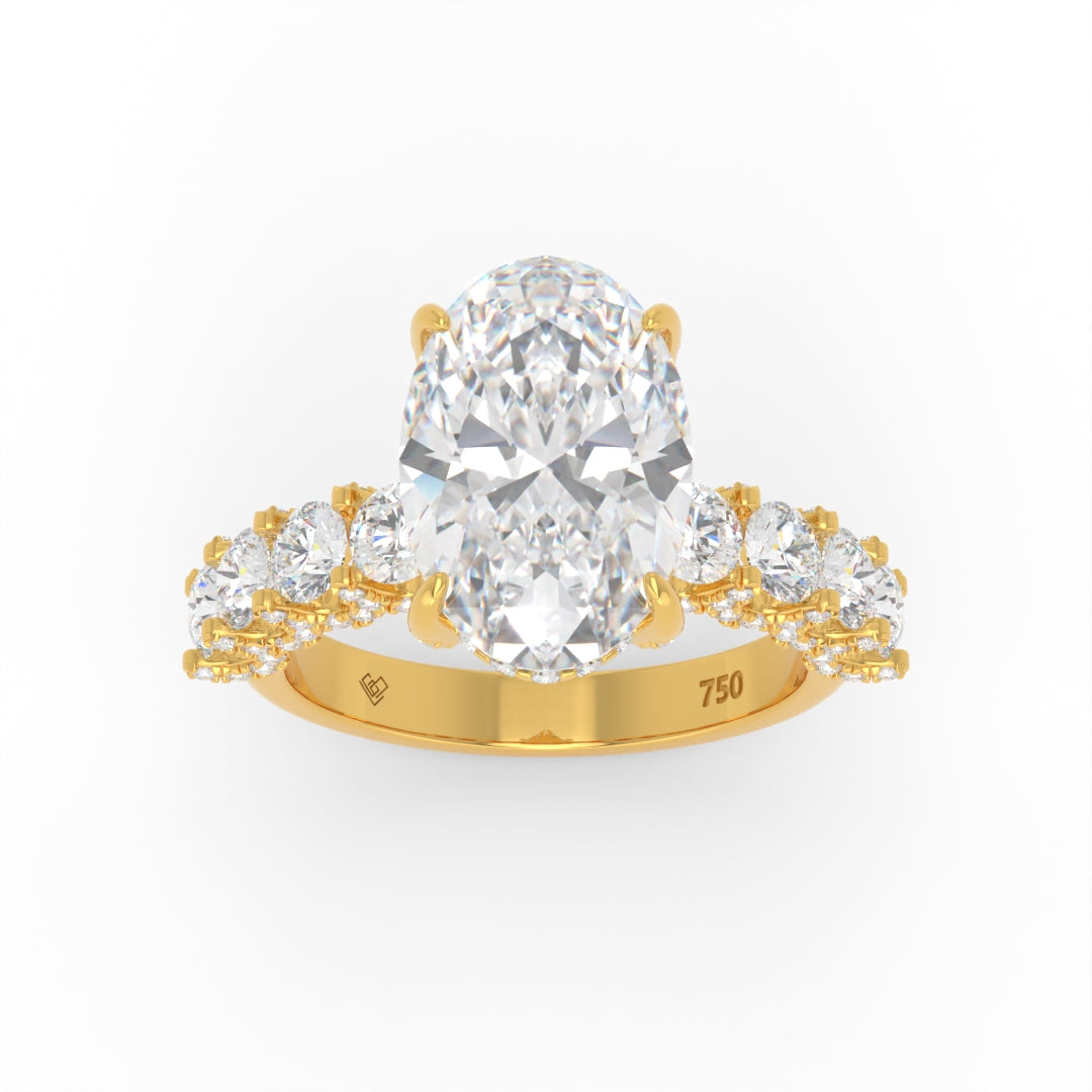 Juliette Oval Lab-Grown Diamond Engagement Ring featuring a Half-Set Diamond Band, Hidden Halo, and Pavé U-Shaped Prong Setting