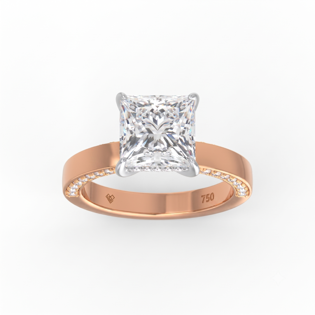 Celeste Princess cut Lab Diamond with Cigar band and half set Diamond sides & hidden halo