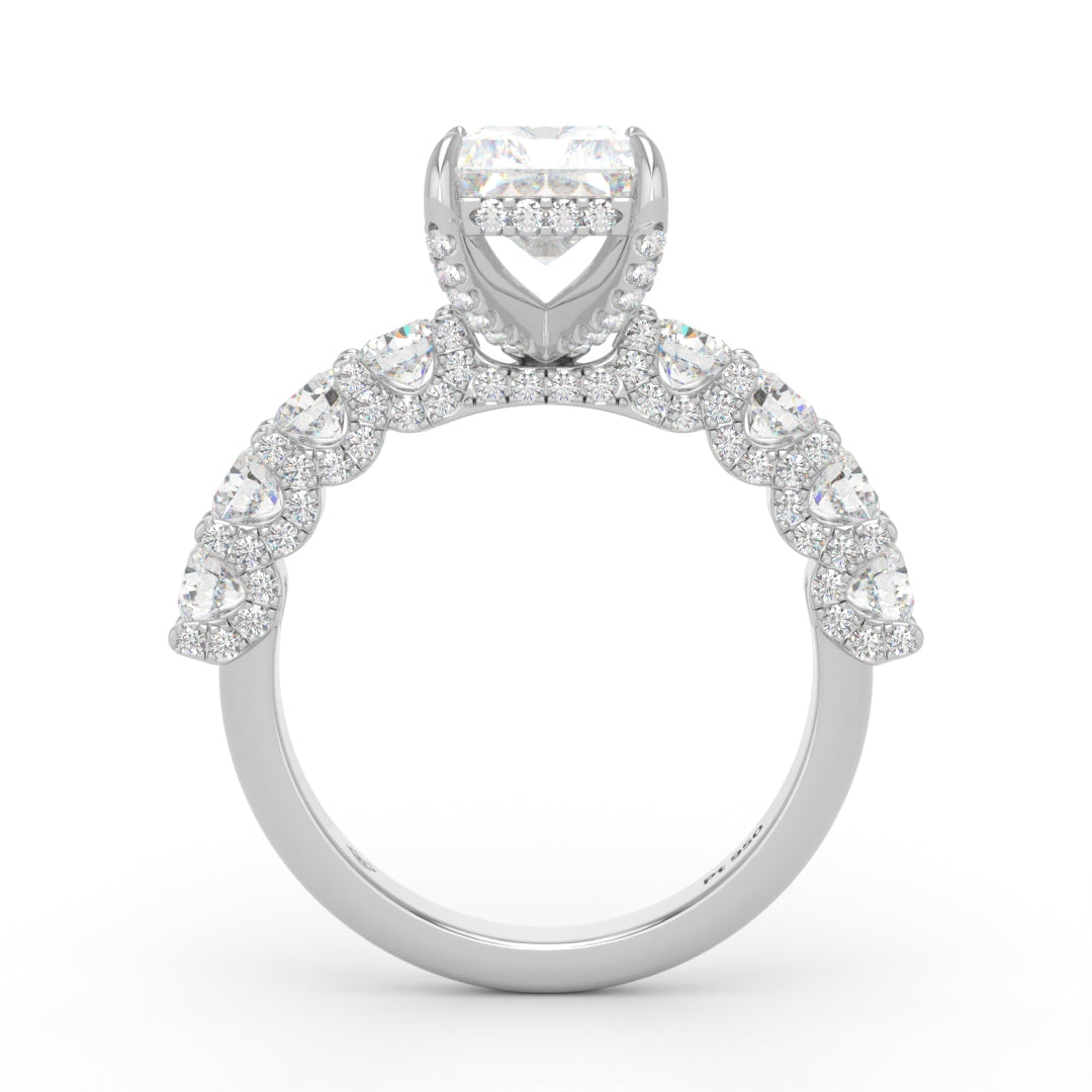Juliette Radiant Lab-Grown Diamond Engagement Ring featuring a Half-Set Diamond Band, Hidden Halo, and Pavé U-Shaped Prong Setting