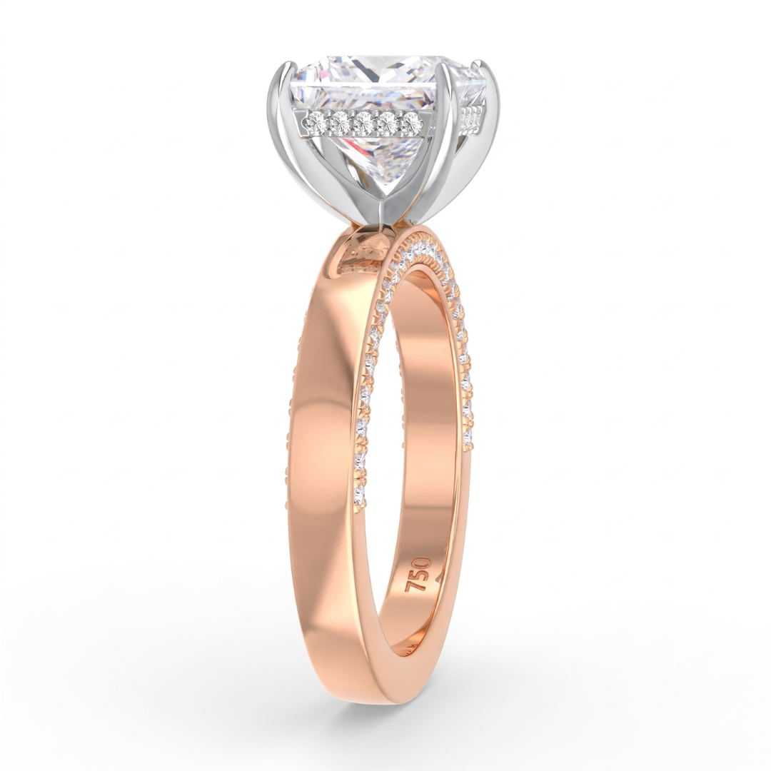 Celeste Princess cut Lab Diamond with Cigar band and half set Diamond sides & hidden halo