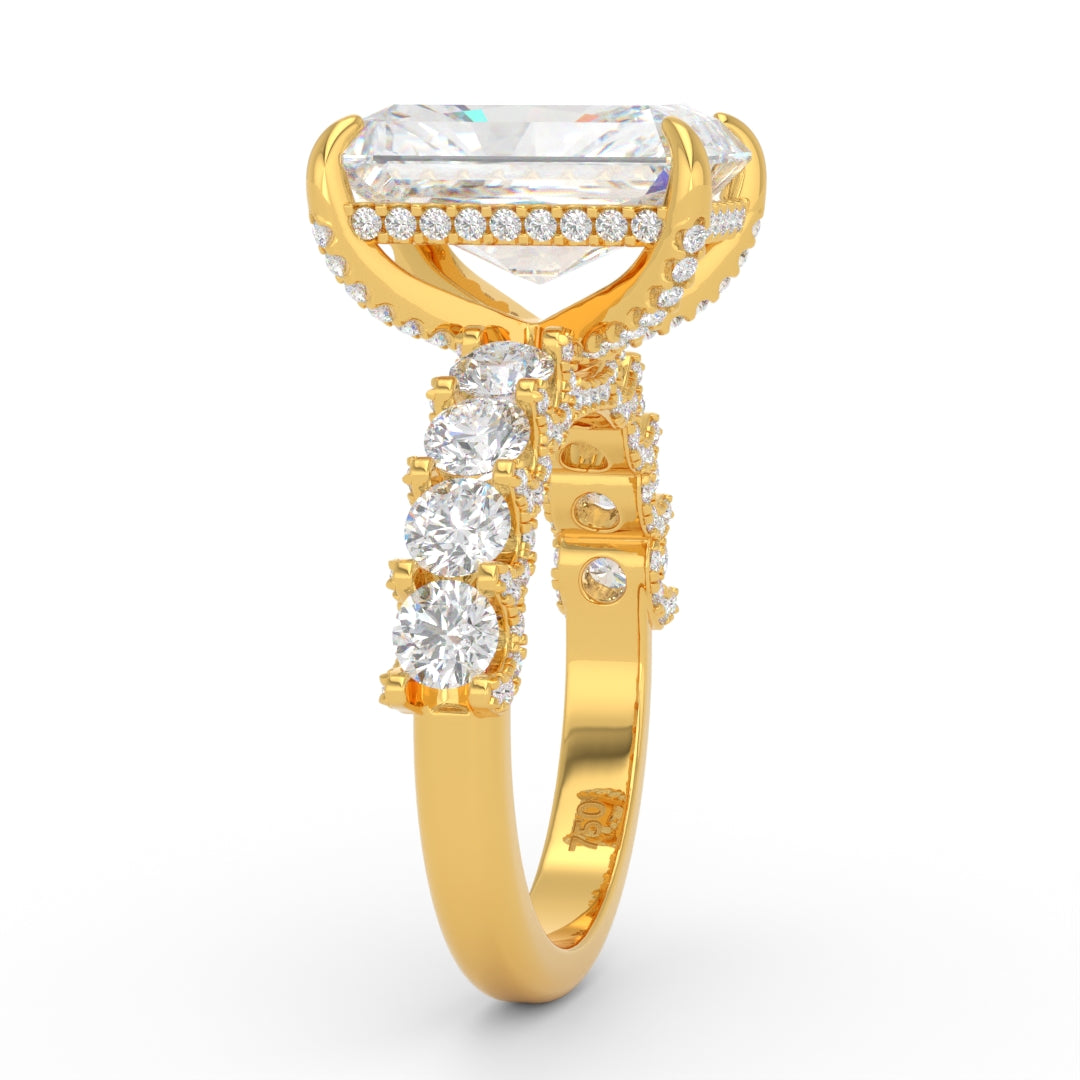 Juliette Radiant Lab-Grown Diamond Engagement Ring featuring a Half-Set Diamond Band, Hidden Halo, and Pavé U-Shaped Prong Setting