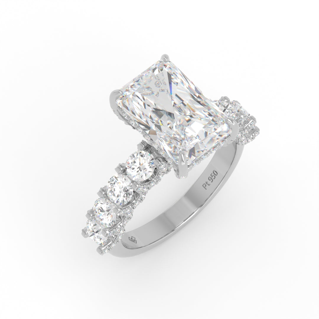 Juliette Radiant Lab-Grown Diamond Engagement Ring featuring a Half-Set Diamond Band, Hidden Halo, and Pavé U-Shaped Prong Setting