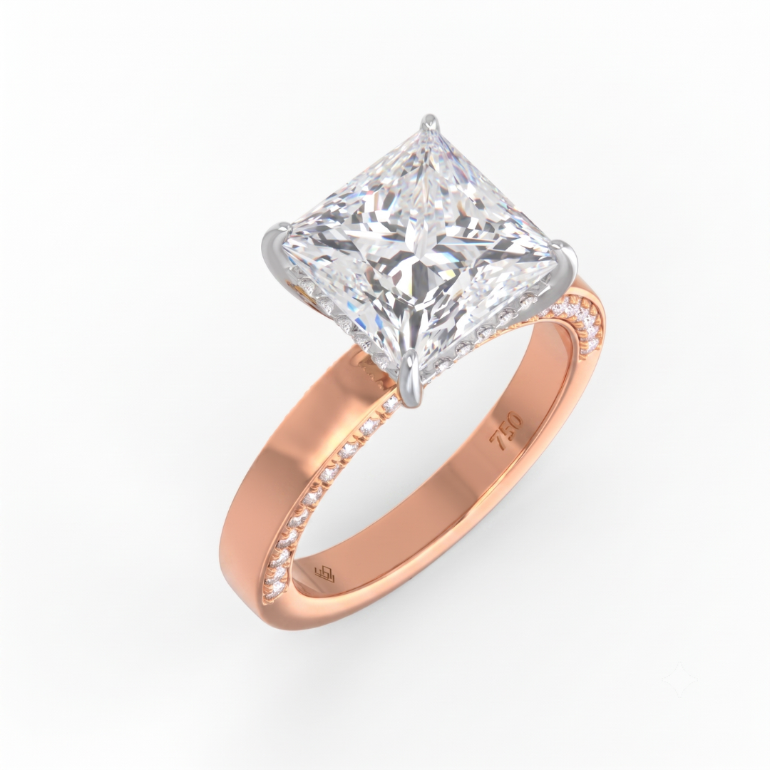 Celeste Princess cut Lab Diamond with Cigar band and half set Diamond sides & hidden halo