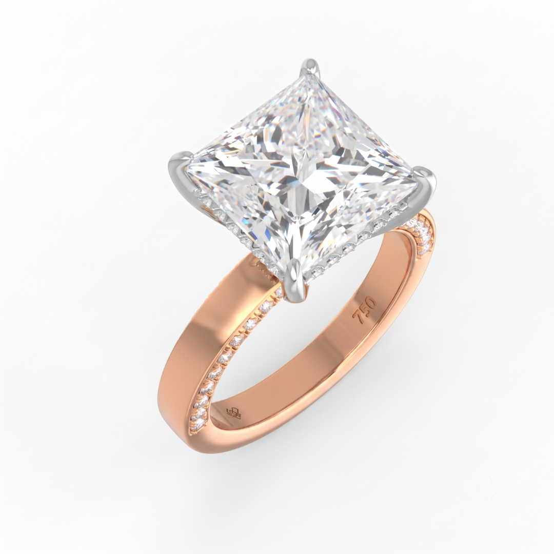 Celeste Princess cut Lab Diamond with Cigar band and half set Diamond sides & hidden halo