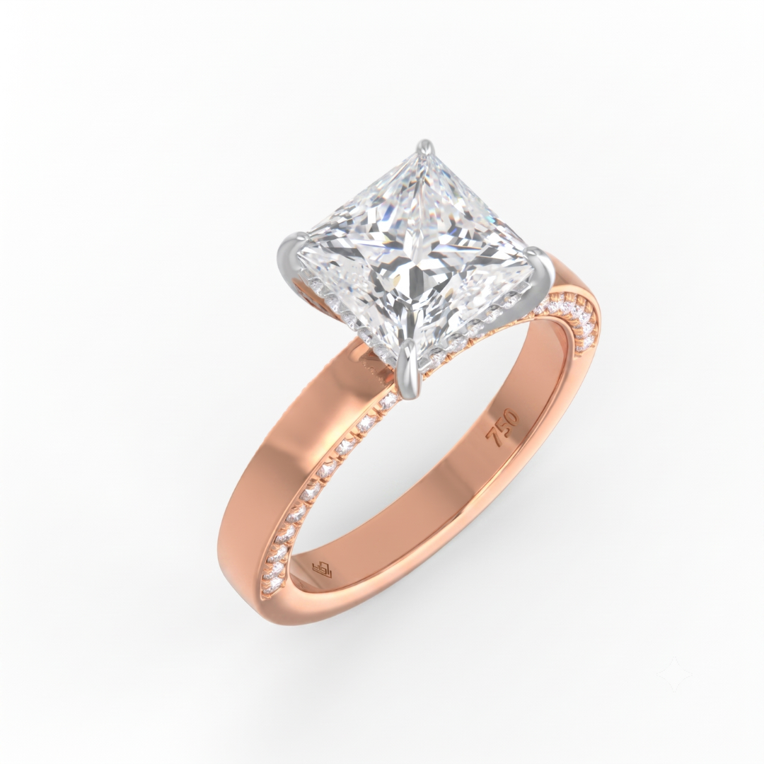 Celeste Princess cut Lab Diamond with Cigar band and half set Diamond sides & hidden halo