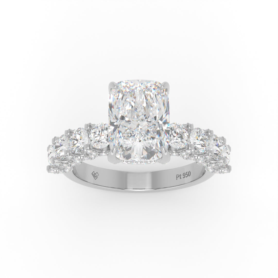 Juliette Cushion Lab-Grown Diamond Engagement Ring featuring a Half-Set Diamond Band, Hidden Halo, and Pavé U-Shaped Prong Setting