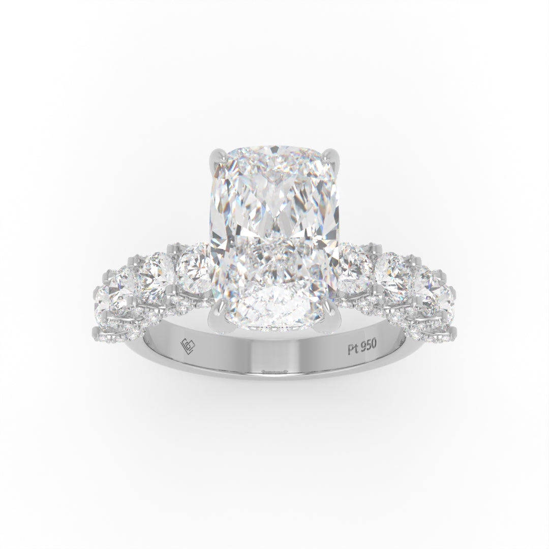 Juliette Cushion Lab-Grown Diamond Engagement Ring featuring a Half-Set Diamond Band, Hidden Halo, and Pavé U-Shaped Prong Setting