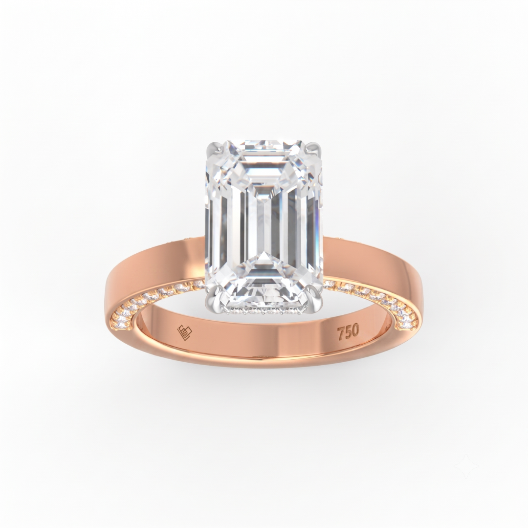 Celeste Emerald cut Lab Diamond with Cigar band and half set Diamond sides & hidden halo