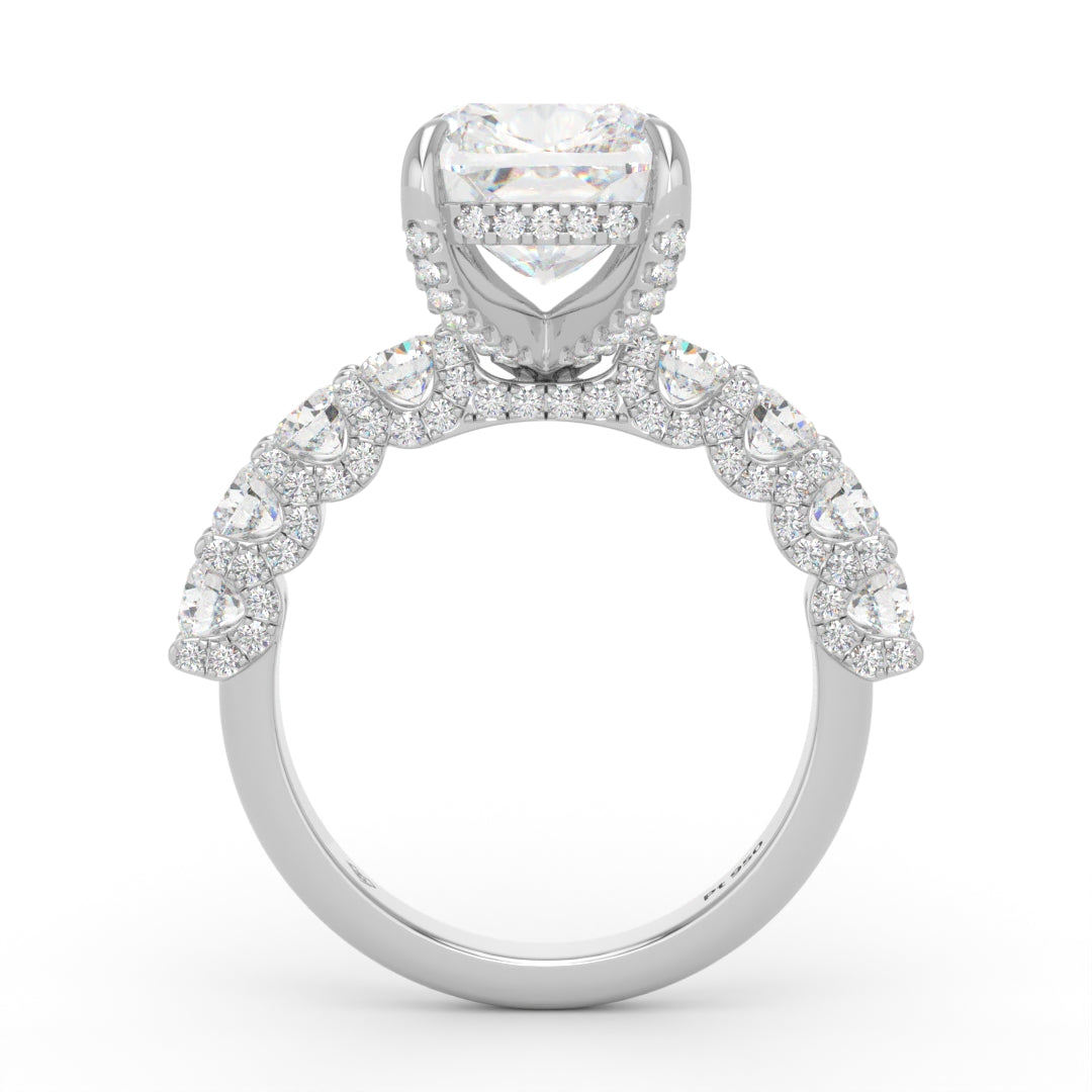 Juliette Cushion Lab-Grown Diamond Engagement Ring featuring a Half-Set Diamond Band, Hidden Halo, and Pavé U-Shaped Prong Setting