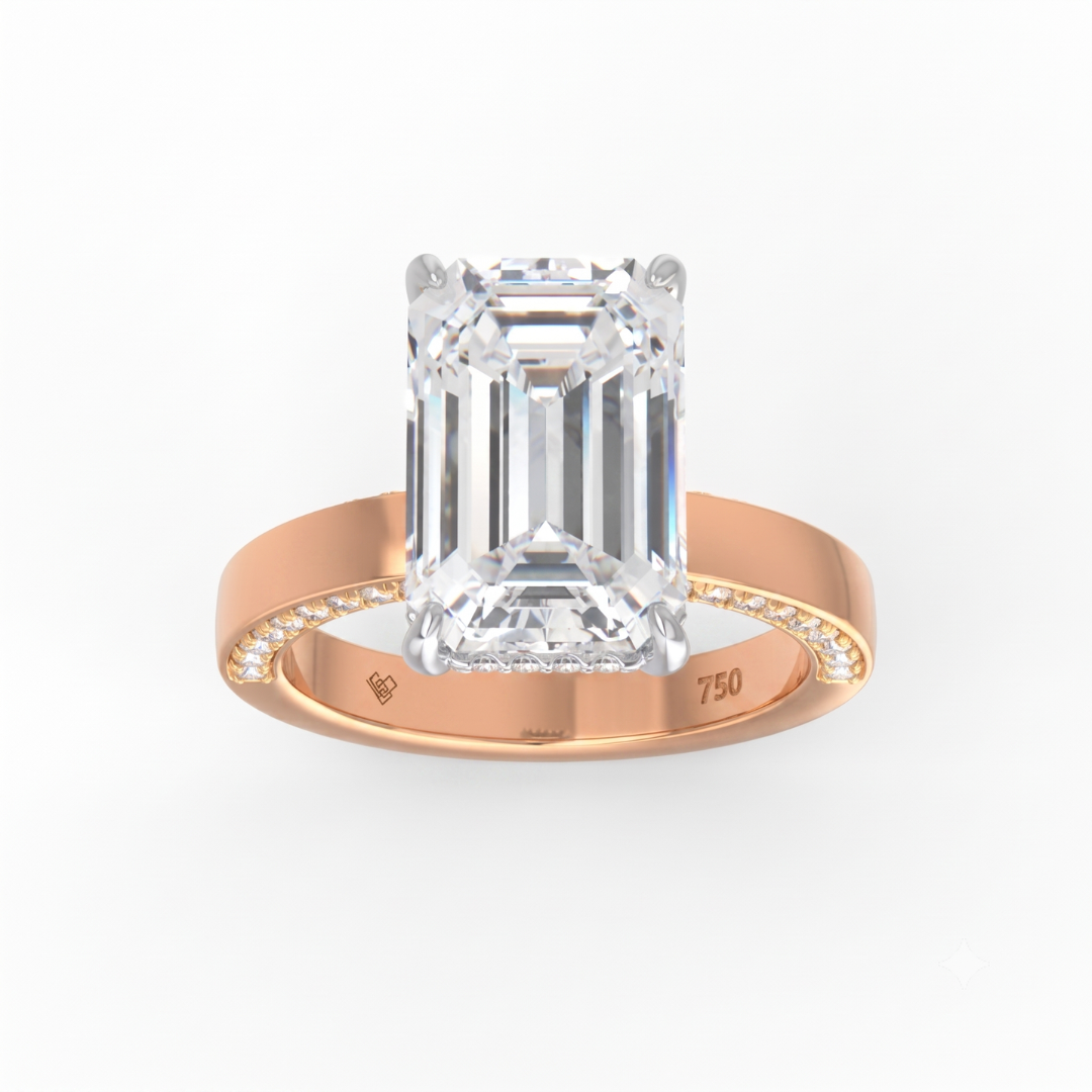 Celeste Emerald cut Lab Diamond with Cigar band and half set Diamond sides & hidden halo