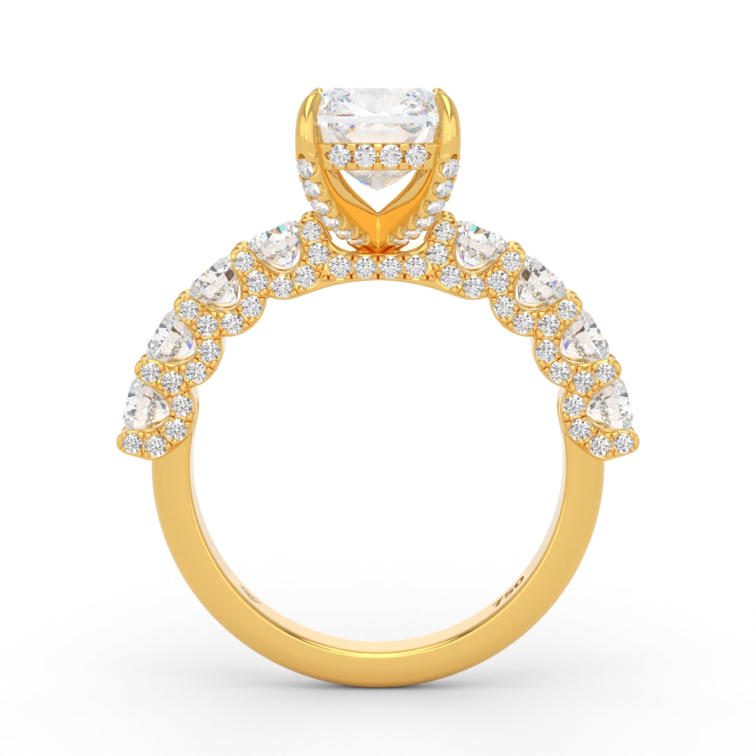 Juliette Cushion Lab-Grown Diamond Engagement Ring featuring a Half-Set Diamond Band, Hidden Halo, and Pavé U-Shaped Prong Setting