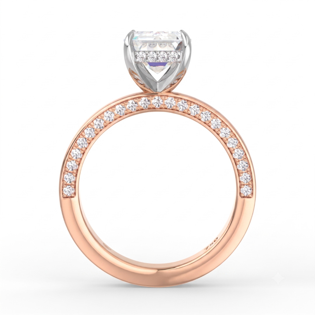 Celeste Emerald cut Lab Diamond with Cigar band and half set Diamond sides & hidden halo
