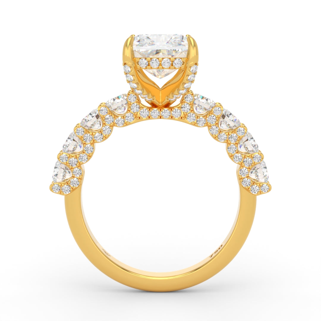 Juliette Cushion Lab-Grown Diamond Engagement Ring featuring a Half-Set Diamond Band, Hidden Halo, and Pavé U-Shaped Prong Setting