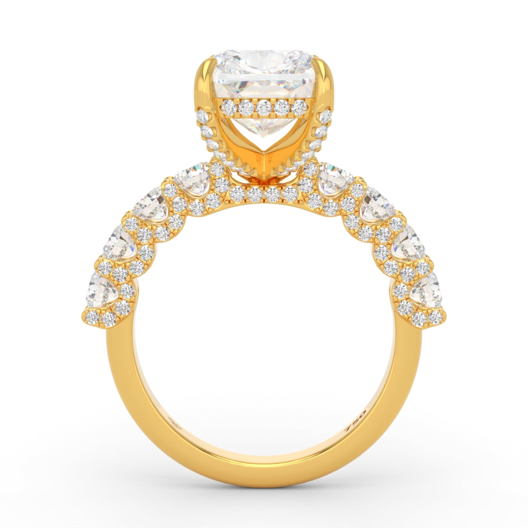 Juliette Cushion Lab-Grown Diamond Engagement Ring featuring a Half-Set Diamond Band, Hidden Halo, and Pavé U-Shaped Prong Setting