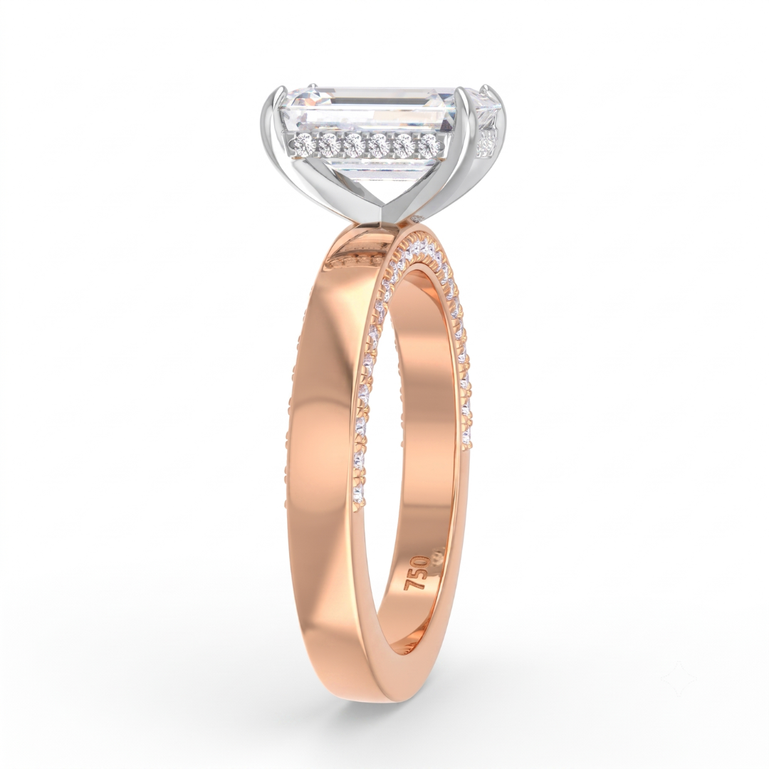 Celeste Emerald cut Lab Diamond with Cigar band and half set Diamond sides & hidden halo