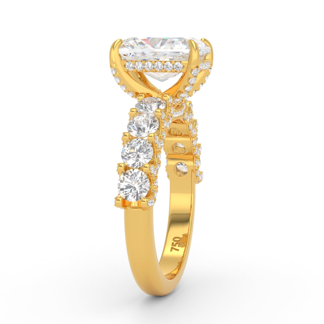 Juliette Cushion Lab-Grown Diamond Engagement Ring featuring a Half-Set Diamond Band, Hidden Halo, and Pavé U-Shaped Prong Setting