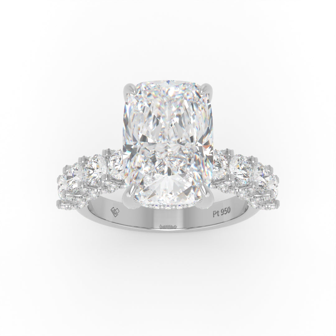 Juliette Cushion Lab-Grown Diamond Engagement Ring featuring a Half-Set Diamond Band, Hidden Halo, and Pavé U-Shaped Prong Setting