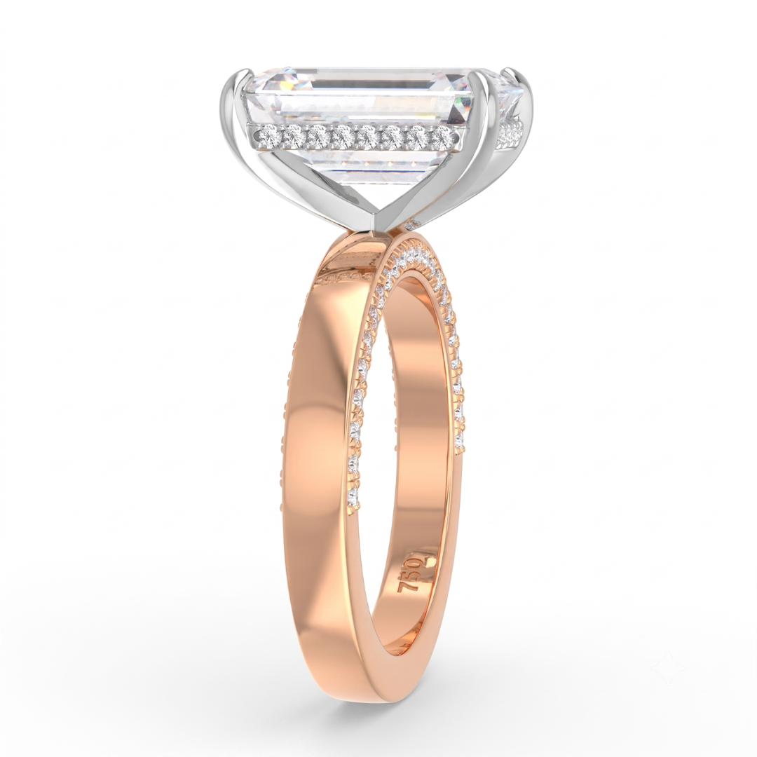 Celeste Emerald cut Lab Diamond with Cigar band and half set Diamond sides & hidden halo