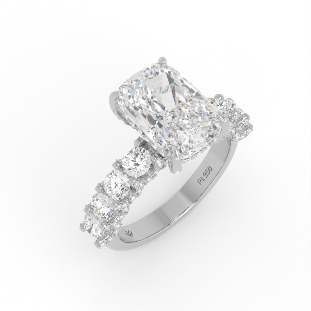 Juliette Cushion Lab-Grown Diamond Engagement Ring featuring a Half-Set Diamond Band, Hidden Halo, and Pavé U-Shaped Prong Setting