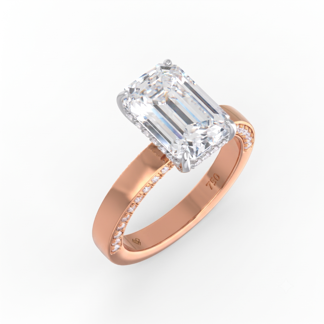 Celeste Emerald cut Lab Diamond with Cigar band and half set Diamond sides & hidden halo