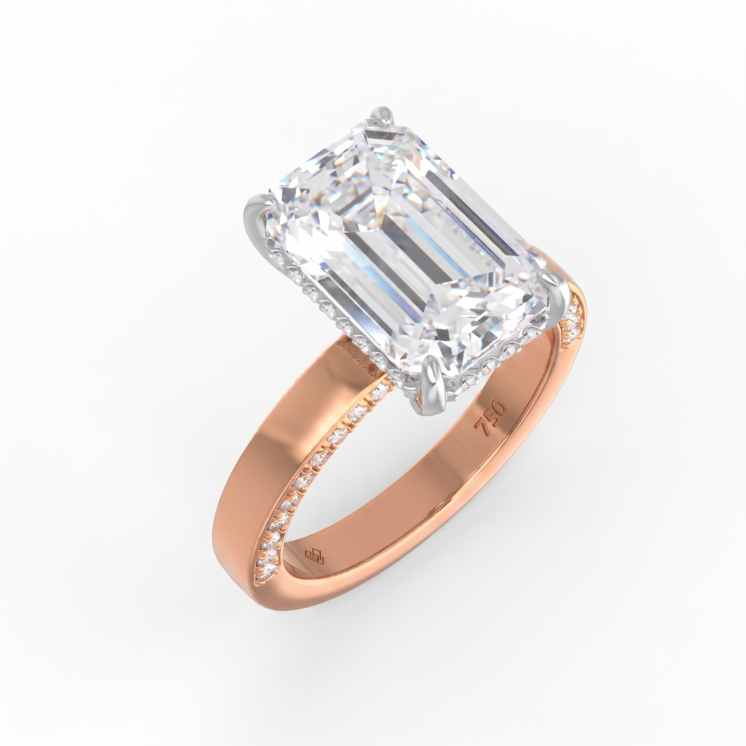 Celeste Emerald cut Lab Diamond with Cigar band and half set Diamond sides & hidden halo