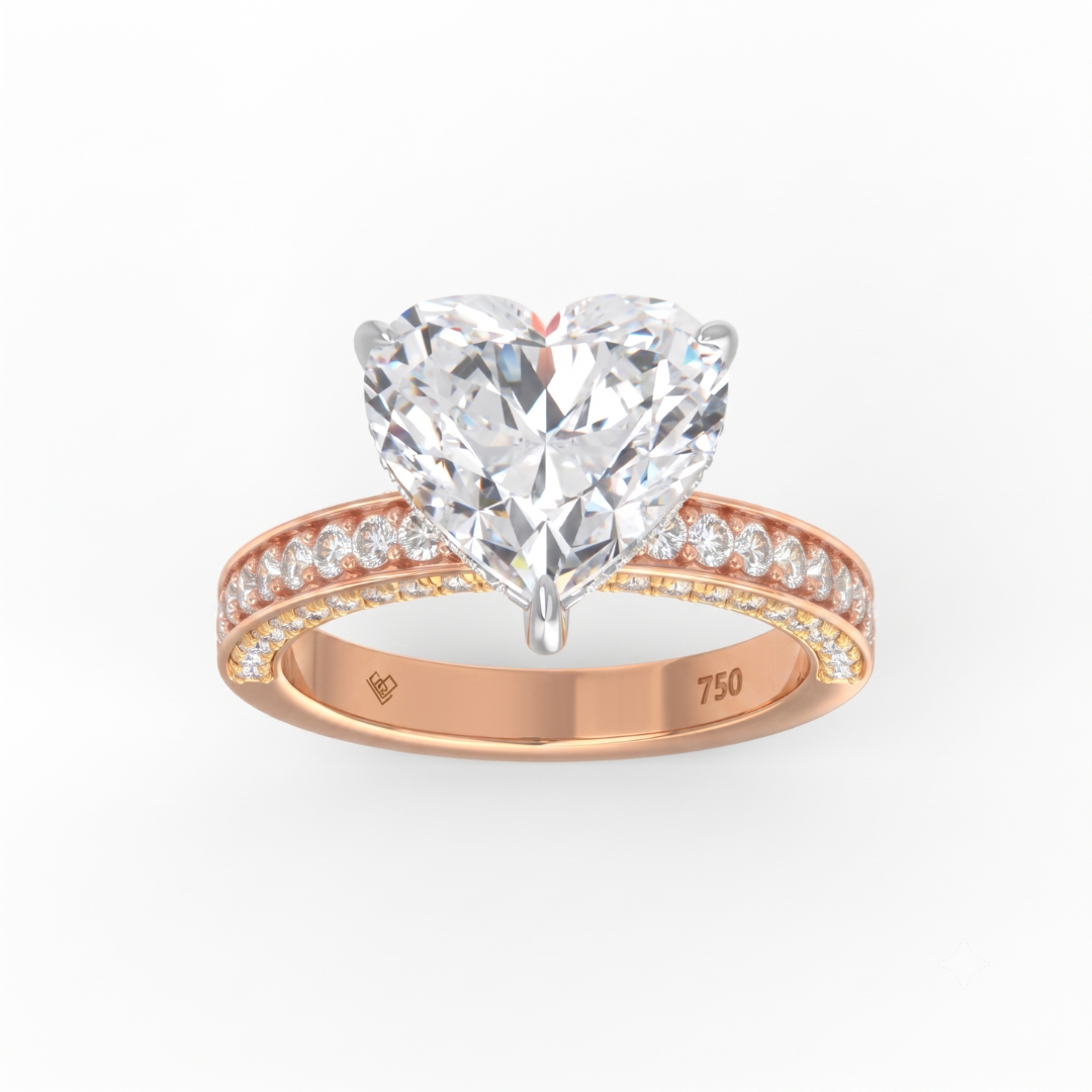 Celeste Heart cut Lab Diamond with Cigar band and half set Diamond sides & hidden halo