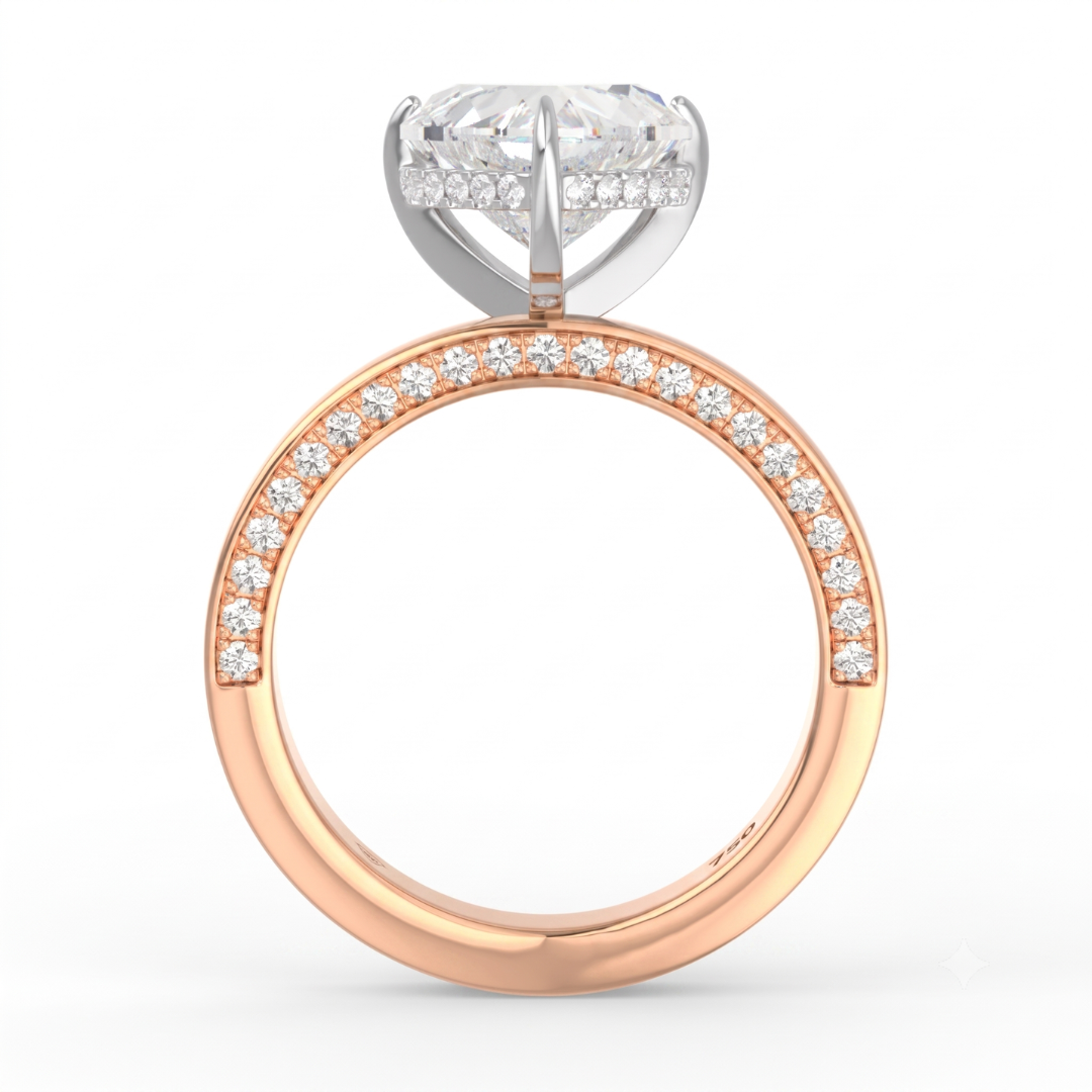 Celeste Heart cut Lab Diamond with Cigar band and half set Diamond sides & hidden halo