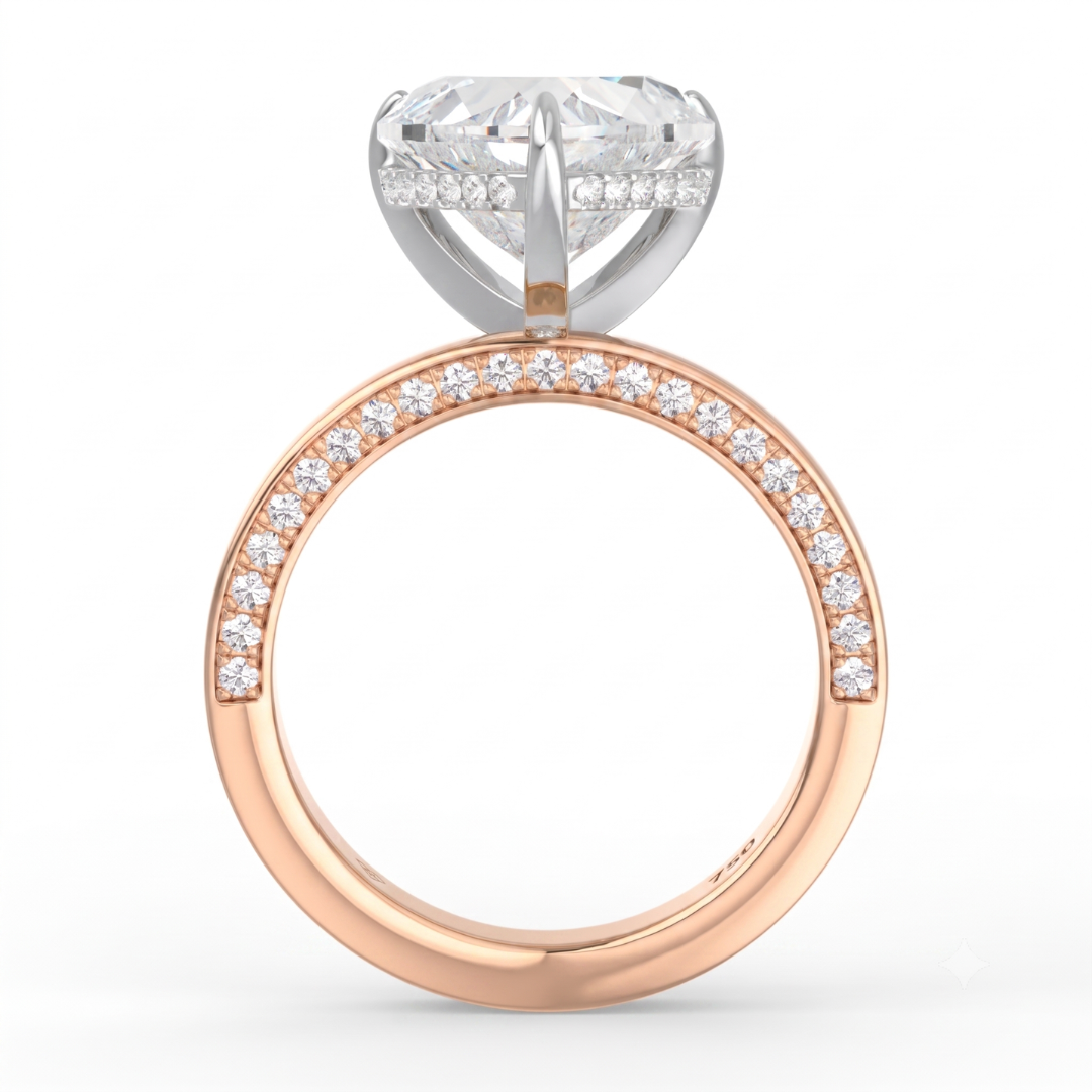 Celeste Heart cut Lab Diamond with Cigar band and half set Diamond sides & hidden halo