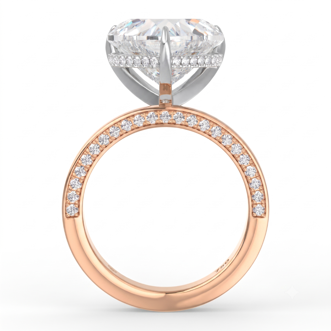 Celeste Heart cut Lab Diamond with Cigar band and half set Diamond sides & hidden halo