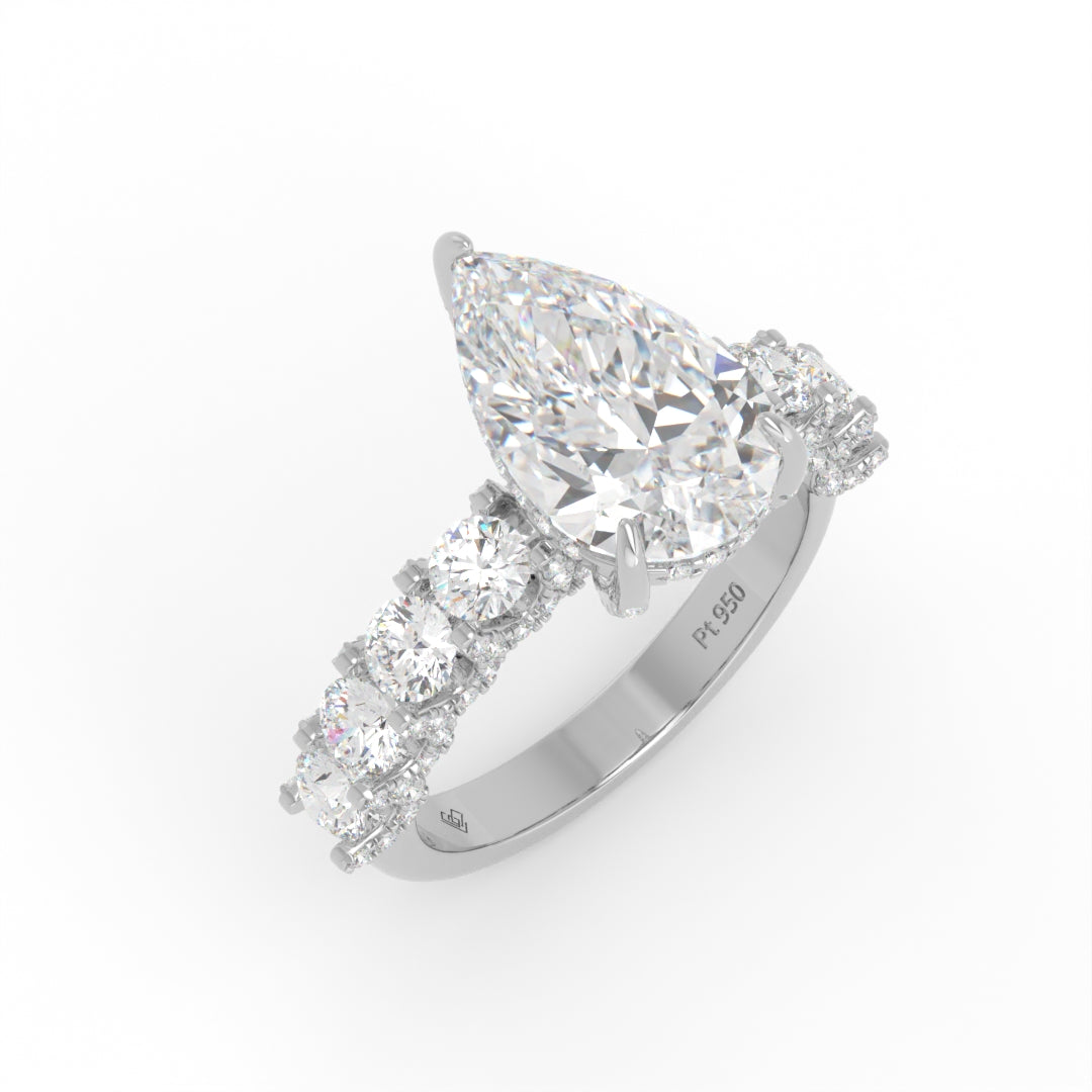 Juliette Pear Lab-Grown Diamond Engagement Ring featuring a Half-Set Diamond Band, Hidden Halo, and Pavé U-Shaped Prong Setting