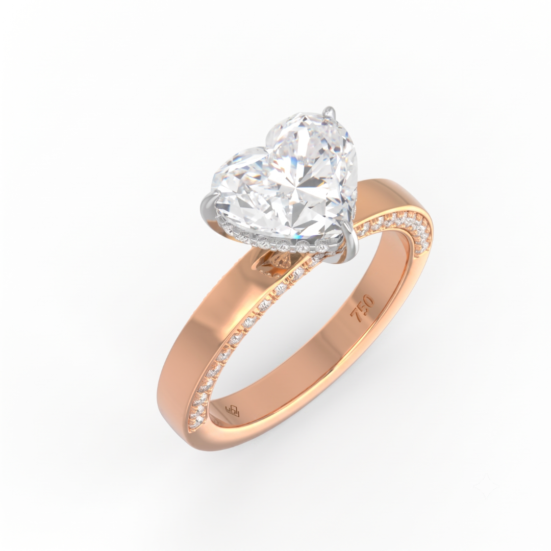 Celeste Heart cut Lab Diamond with Cigar band and half set Diamond sides & hidden halo
