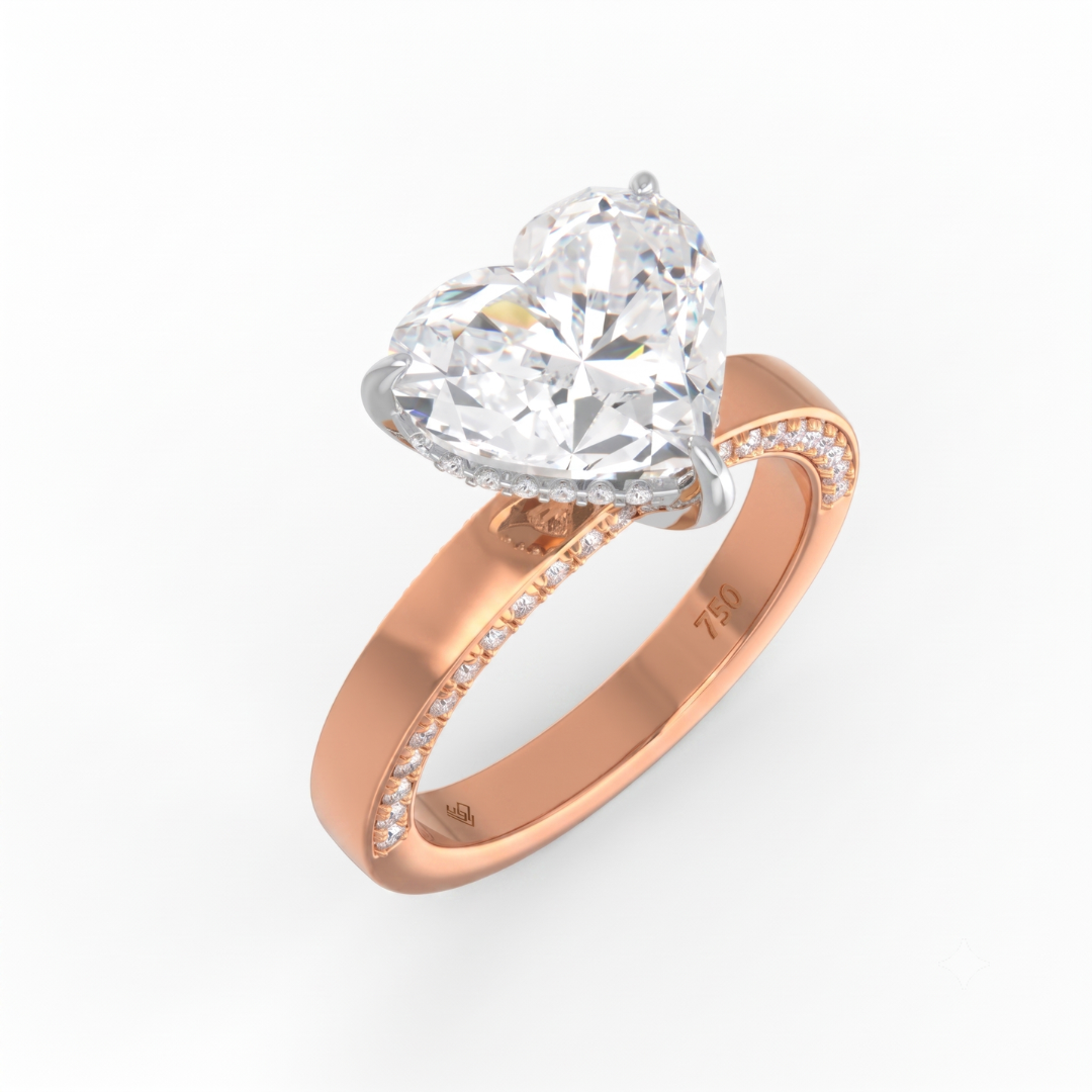 Celeste Heart cut Lab Diamond with Cigar band and half set Diamond sides & hidden halo