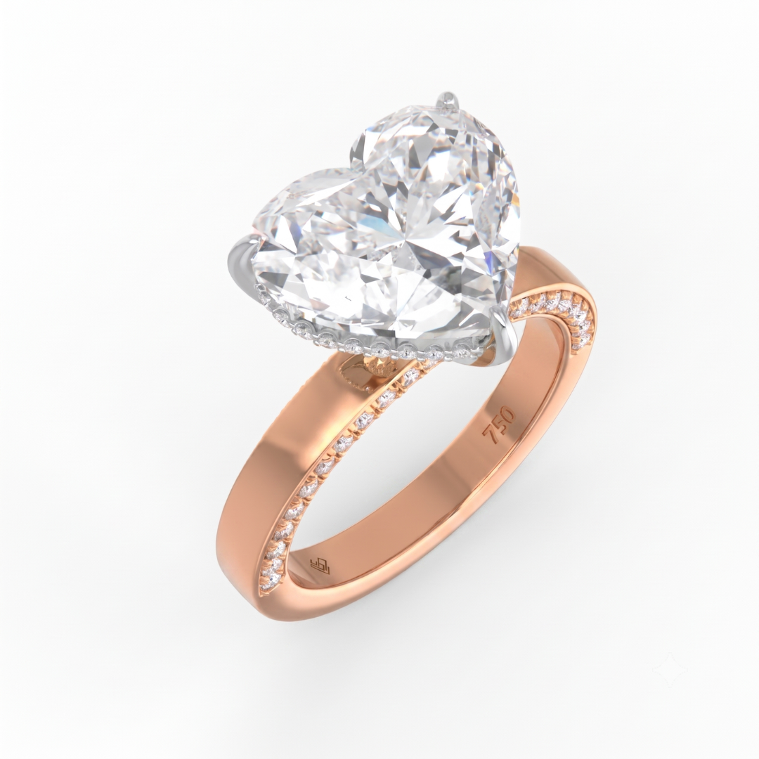 Celeste Heart cut Lab Diamond with Cigar band and half set Diamond sides & hidden halo