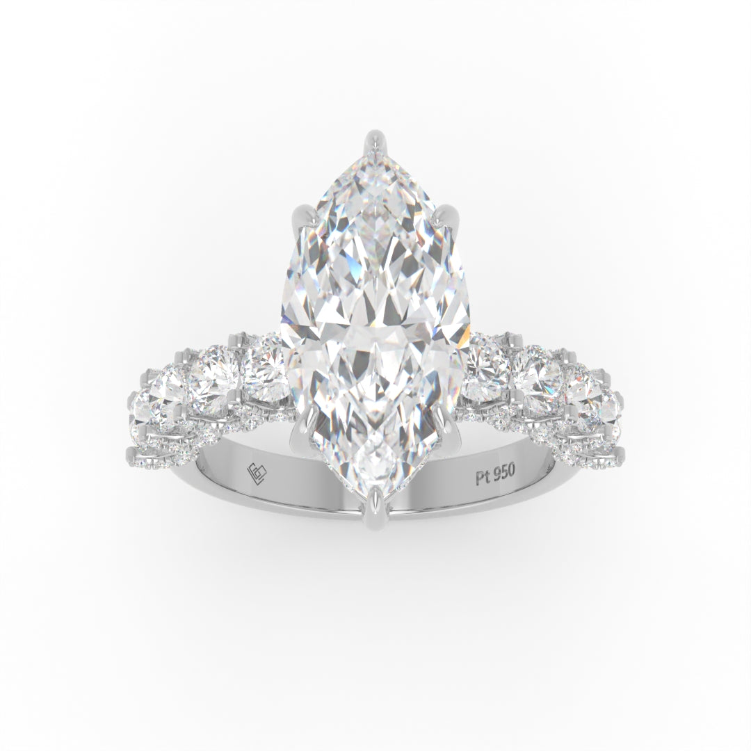 Juliette Marquise Lab-Grown Diamond Engagement Ring featuring a Half-Set Diamond Band, Hidden Halo, and Pavé U-Shaped Prong Setting
