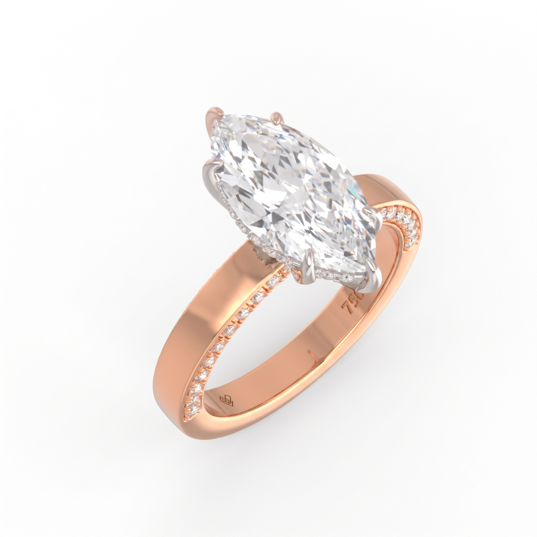 Celeste Marquise cut Lab Diamond with Cigar band and half set Diamond sides & hidden halo