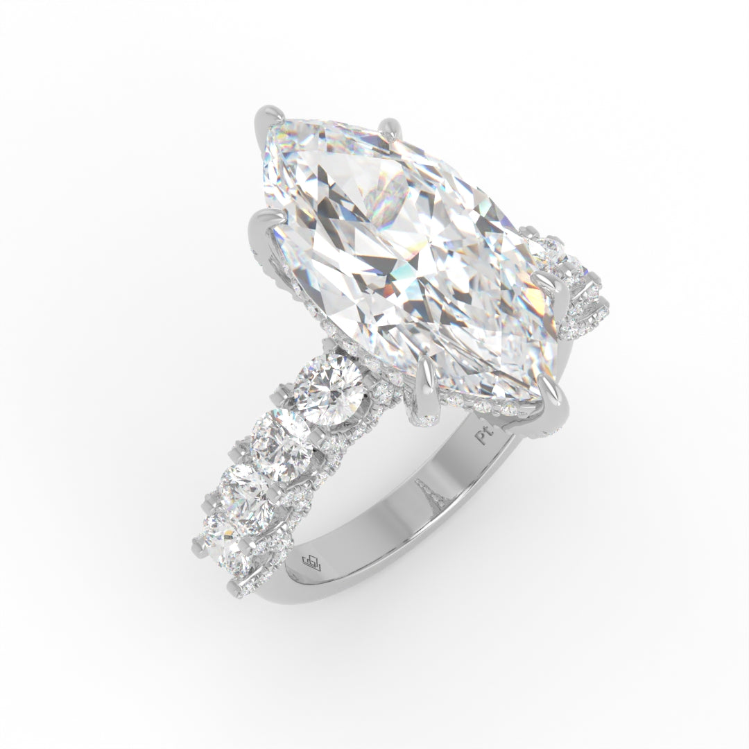 Juliette Marquise Lab-Grown Diamond Engagement Ring featuring a Half-Set Diamond Band, Hidden Halo, and Pavé U-Shaped Prong Setting