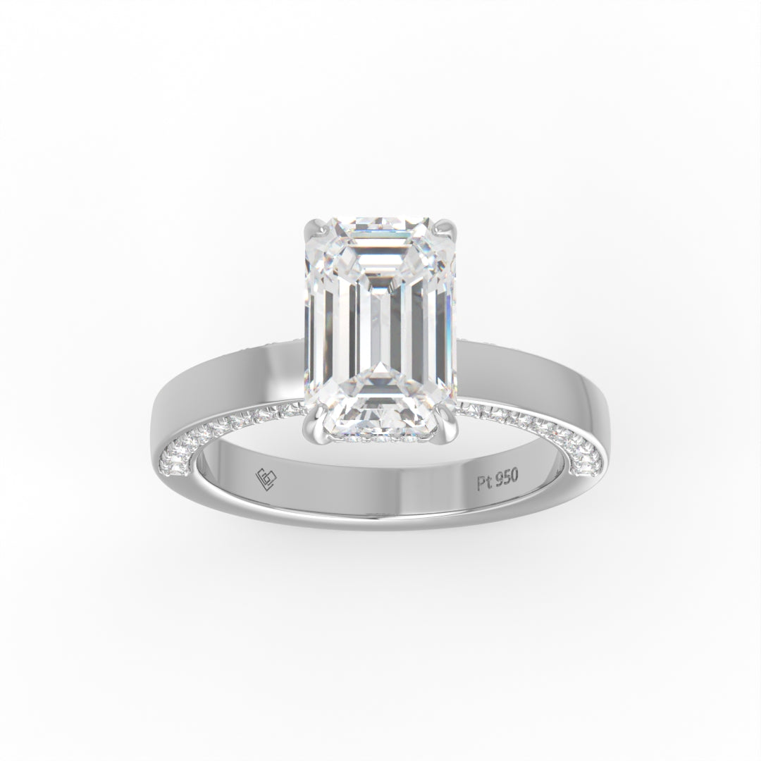 Celeste Emerald cut Lab Diamond with Cigar band and half set Diamond sides & hidden halo