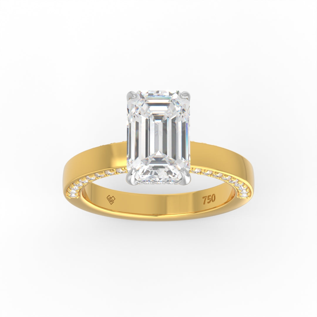 Celeste Emerald cut Lab Diamond with Cigar band and half set Diamond sides & hidden halo