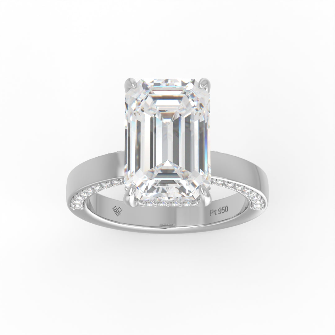 Celeste Emerald cut Lab Diamond with Cigar band and half set Diamond sides & hidden halo