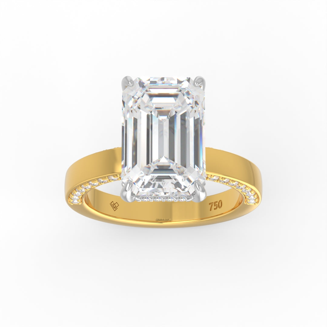 Celeste Emerald cut Lab Diamond with Cigar band and half set Diamond sides & hidden halo