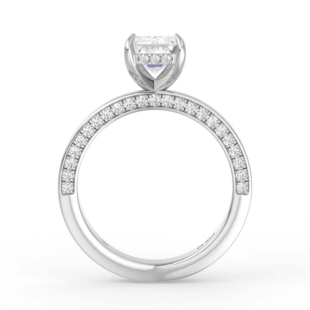 Celeste Emerald cut Lab Diamond with Cigar band and half set Diamond sides & hidden halo