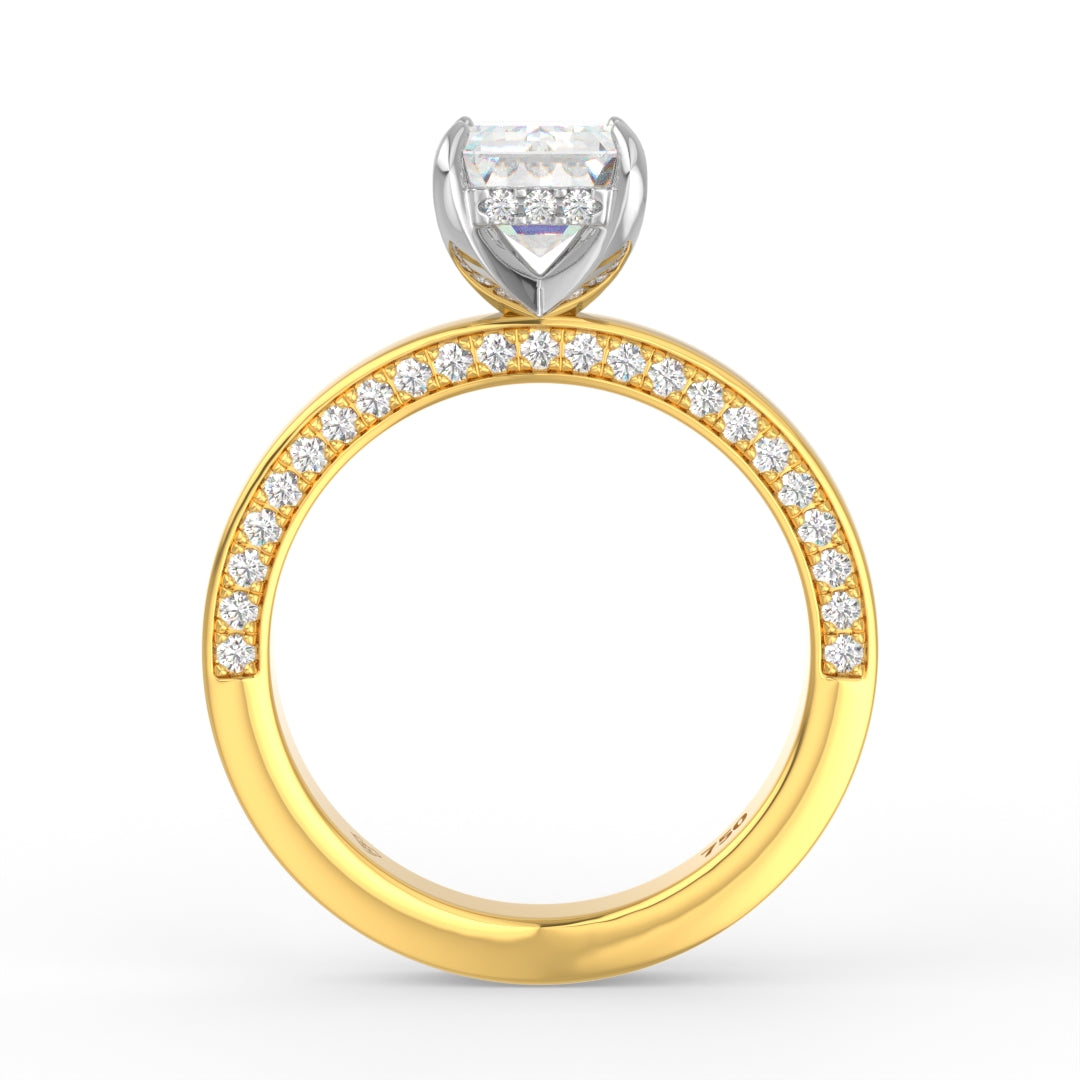 Celeste Emerald cut Lab Diamond with Cigar band and half set Diamond sides & hidden halo